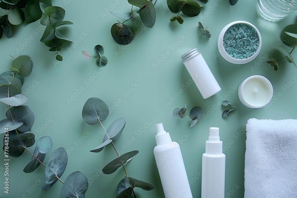 White cosmetic bottles, eucalyptus flowers, towels, soap on green background. Top view, flat lay. Natural organic beauty product concept. Spa, skin care, body treatment