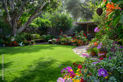 Exquisite Backyard Garden with Flourishing Flora, Rustic Seating Area, and Stone Tile Pathway