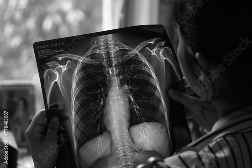 Woman doctor hands holding patient chest x-ray film before treatment.Image lung at radiology department in hospital.Covid-19 scan body xray test detection for covid virus epidemic spread concept. photo