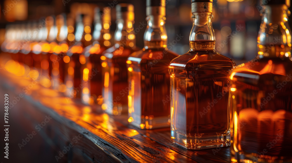 Row of whiskey bottles on bar counter. Row of whiskey bottles on bar counter.