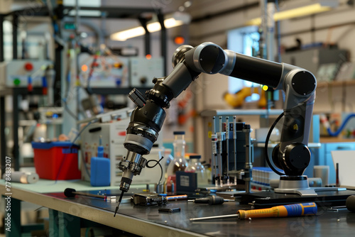 An image showcasing a sophisticated robotic arm in a physics laboratory, surrounded by tools and mechanical components, demonstrating precision in movement and design.
