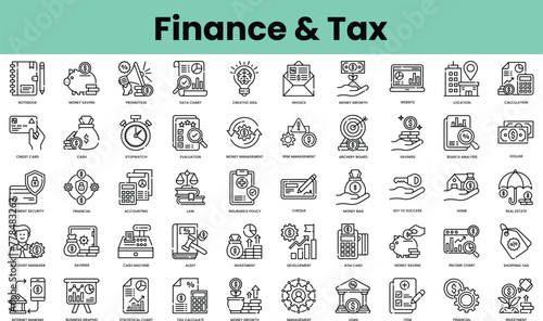 Set of finance and tax icons. Linear style icon bundle. Vector Illustration