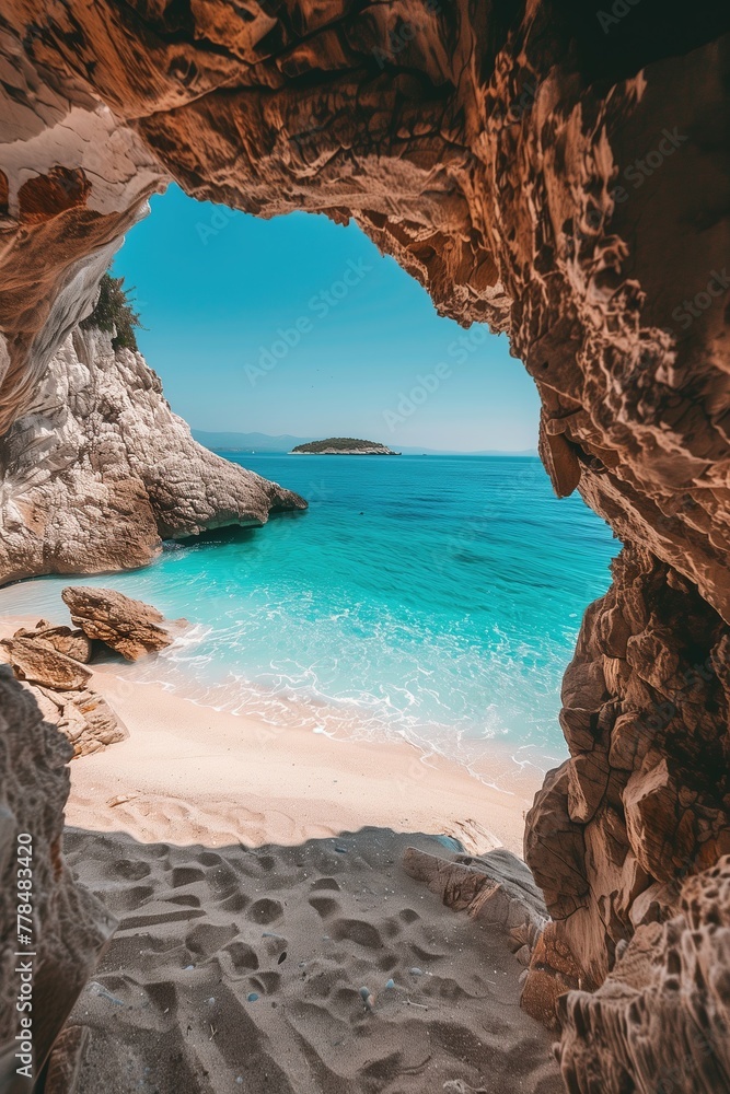 a cave with a beach and a rock formation with a beach in the background