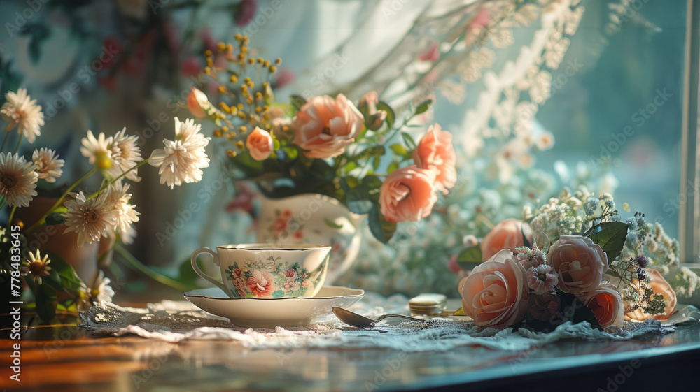 A vintage teacup amidst flowers in sunlight - obrazy, fototapety, plakaty 