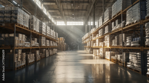 A spacious warehouse with neatly stacked pallets of products, waiting to be shipped out