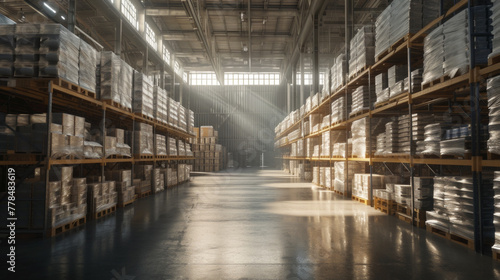 A spacious warehouse with neatly stacked pallets of products, waiting to be shipped out © Textures & Patterns