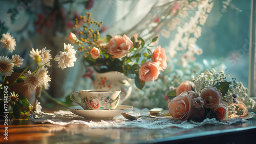 A vintage teacup amidst flowers in sunlight photo