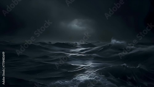 A dark stormy sea with waves under a night sky