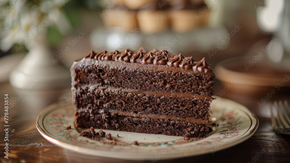 Photo of a slice of chocolate cake on a plate. Photo of a slice of chocolate cake on a plate.