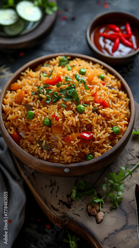Jollof rice, Delicious food style, Horizontal top view from above