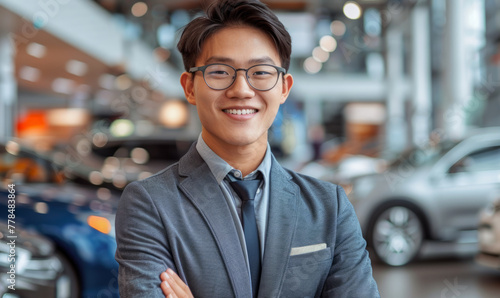 Young Chinese car dealer at work, realistic portrait, happy face. © RobertNyholm