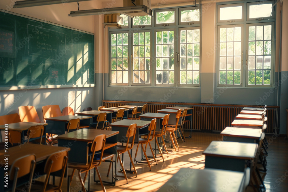 A bright, organized classroom with empty chairs neatly tucked under desks, a clean chalkboard, and sunlight streaming through the windows.