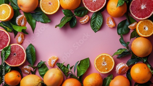 Group of Grapefruits and Oranges on Pink Background