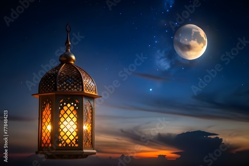celebration of islamic eid mubarak and eid al adha,eid ul fitr lantern in a night background copy space