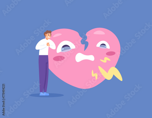 a man who feels hurt because of love. hurt by girlfriend. expression of a wounded heart. hurt because of being cheated on. breakup. love problems. flat style illustration concept design. graphic 