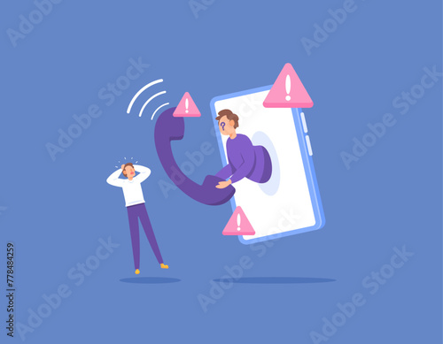 warning about fraudulent phone calls. Be careful of the dangers of fraud via telephone calls. a criminal or fraudster appears from the smartphone. flat style illustration concept design. graphic