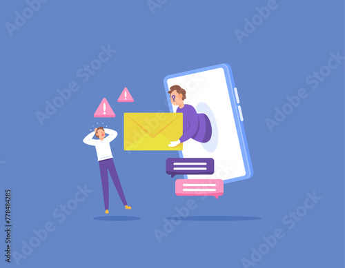 warning about fraudulent SMS. Be careful of the dangers of fraud via SMS messages or emails. a criminal or fraudster appears from the smartphone. flat style illustration concept design. graphic