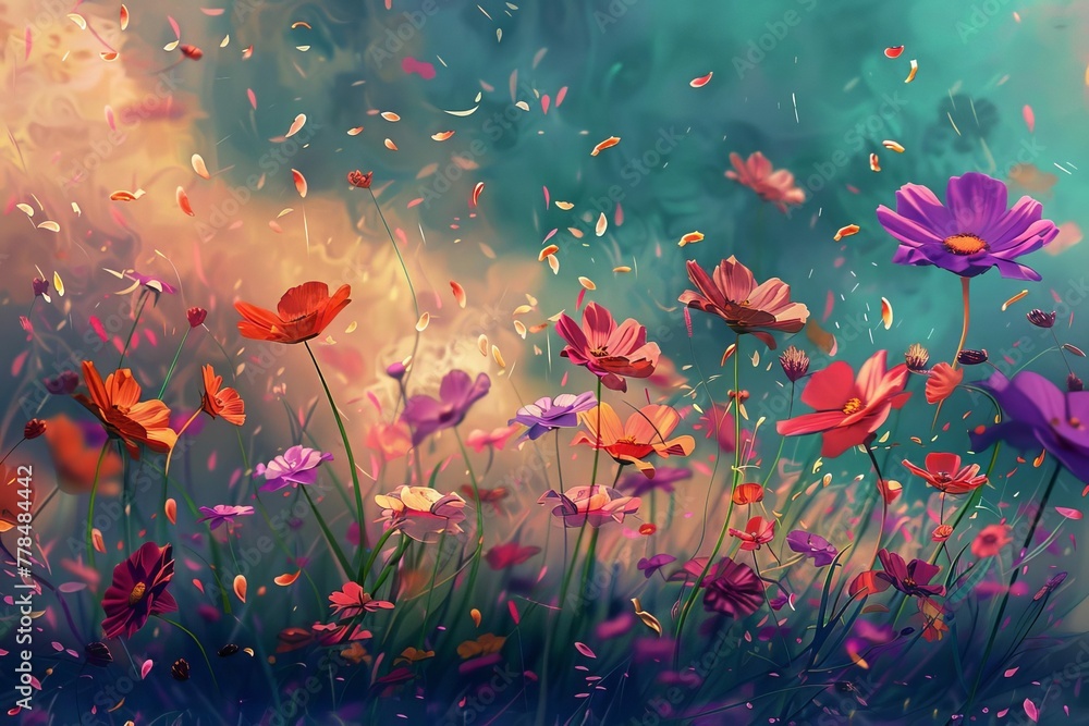 Whimsical field of colorful flowers with petals floating in breeze, enchanting fairy tale landscape, digital painting