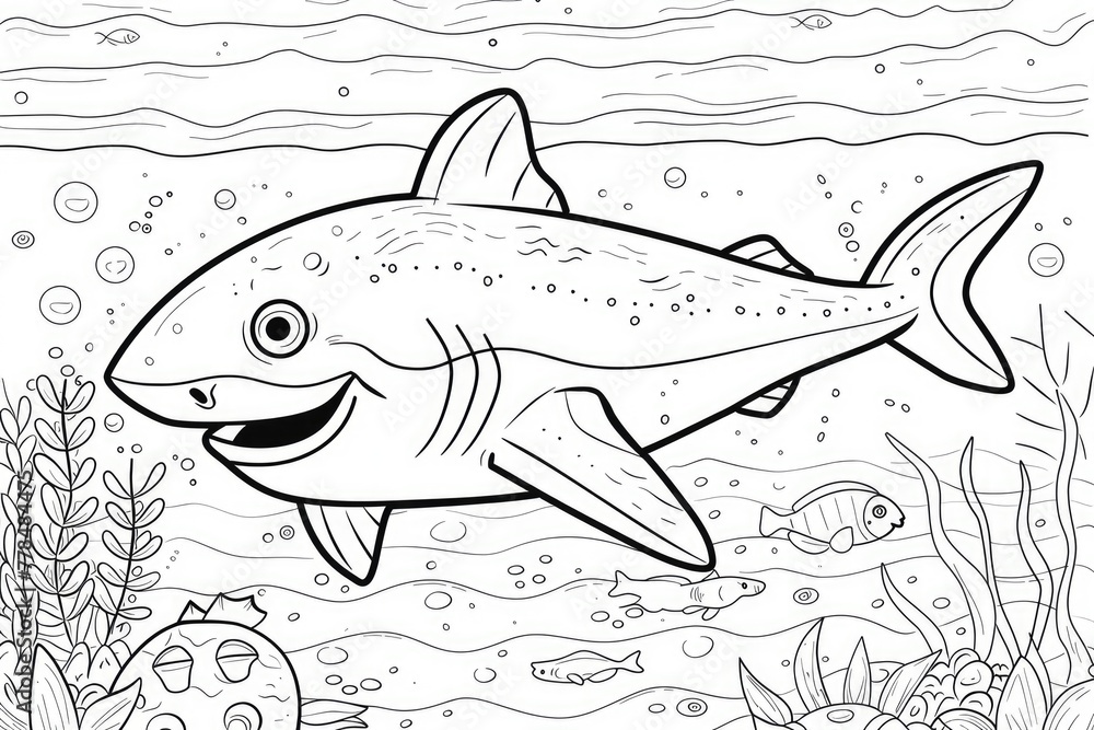 Fototapeta premium Smiling shark and fish underwater coloring page for children. Black and white picture. AI Generated 