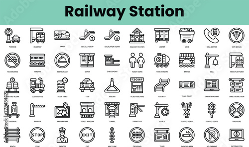 Set of railway station icons. Linear style icon bundle. Vector Illustration