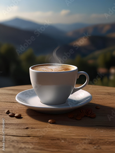 white cup of coffee on the table, mountain background