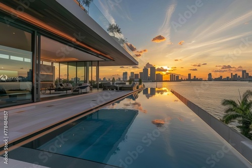 Luxurious modern villa with infinity pool on rooftop terrace, stunning view of Miami skyline at sunset © Lucija