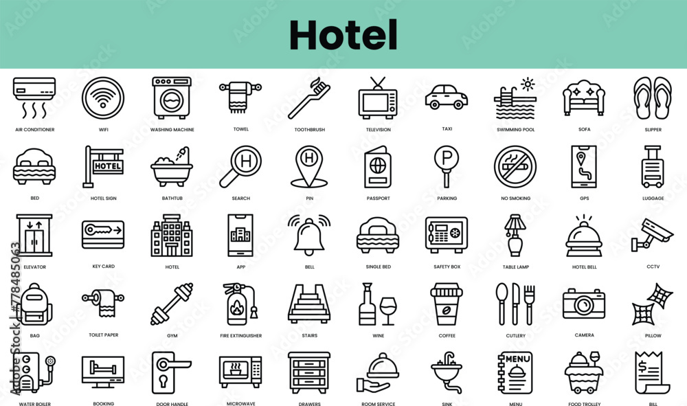 Set of hotel icons. Linear style icon bundle. Vector Illustration