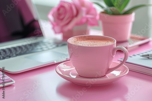 A Cup of Coffee Beside a Laptop on a Saucer