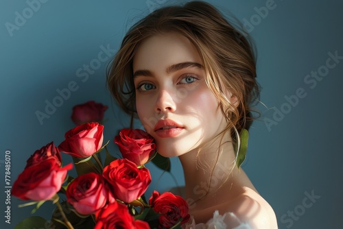 Woman Holding Bouquet of Red Roses