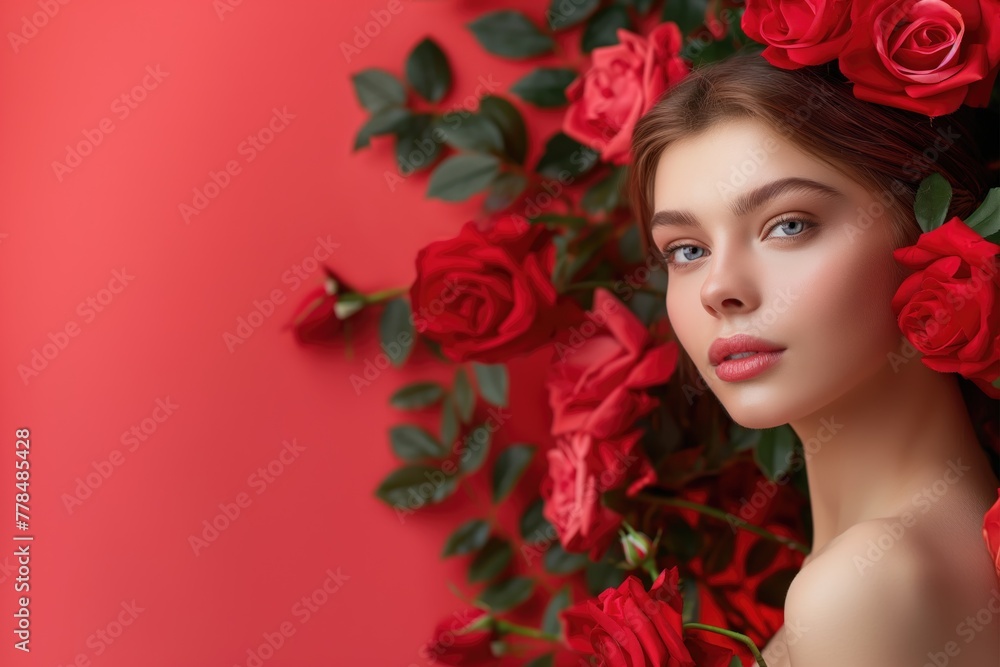 Young woman with blue eyes, framed by vibrant red roses on a matching red background. Self care, self love, beauty care concept.