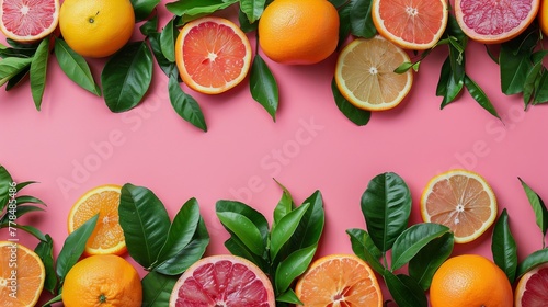 Group of Grapefruits and Oranges on Pink Background