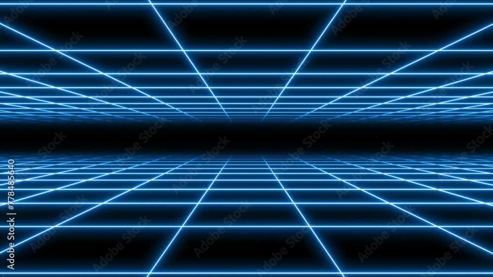 4K Double Parallax Retro Abstract VJ Motion Background Loop Inspired by 1980's: Infinite Flight Over Glowing blue Neon Square Grid, 3D Abstract 1980's Retrowave Cyberpunk Background with Neon Perspect