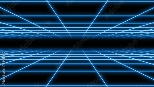 4K Double Parallax Retro Abstract VJ Motion Background Loop Inspired by 1980's: Infinite Flight Over Glowing blue Neon Square Grid, 3D Abstract 1980's Retrowave Cyberpunk Background with Neon Perspect photo