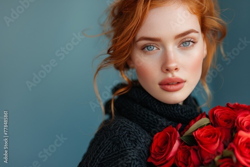 Woman Holding Bouquet of Red Roses