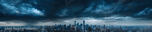 panoramic photo of an ominous city skyline, dark storm clouds overhead, skyscrapers towering over the urban landscape. AI generated illustration © 3D