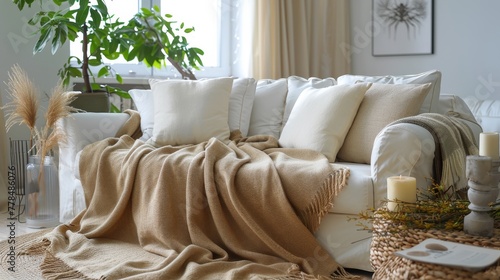 A Modern Living Room With a White Couch and Abundant Plants