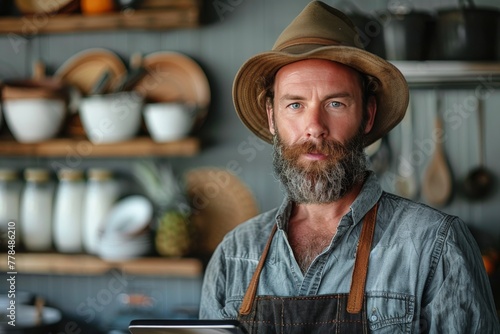 Bearded Man in Apron and Hat