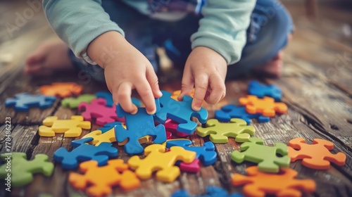 Child s hands placing colorful puzzle pieces on wooden floor. Autism concept