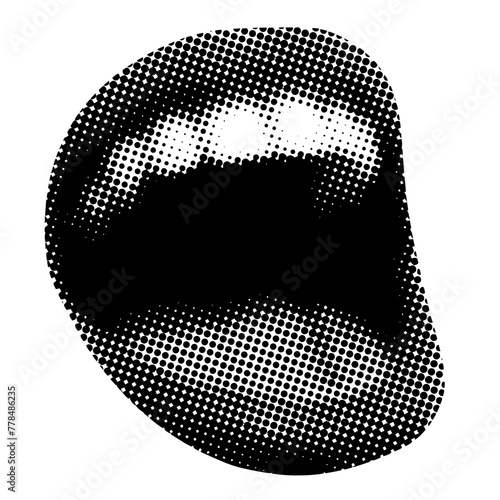 Retro halftone mouth. Modern collage. Wide open lips of singing woman. Pop art dotted style. Screaming mouth. Trendy newspaper parts. Lips with halftone texture. Paper cutout element. Y2K style