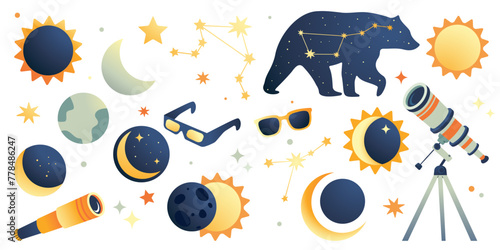 Set of Solar Eclipse elements. Vector flat style set of solar eclipse elements for infographic - moon, sun, stars, constellation. Cute illustration in flat style for kids education at school, stickers