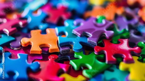 Disassembled jigsaw puzzle pieces macro shot. Concept of task completion and detail attention, Colorful game activity