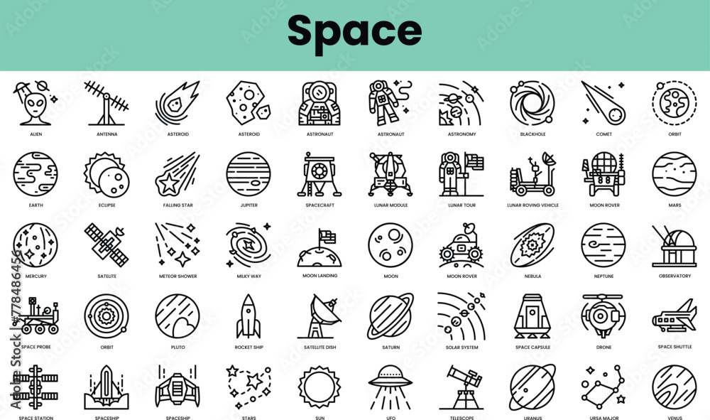 Set of space icons. Linear style icon bundle. Vector Illustration