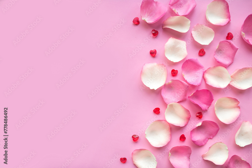 Pink and white  rose petals on pink background. Valentine's Day concept