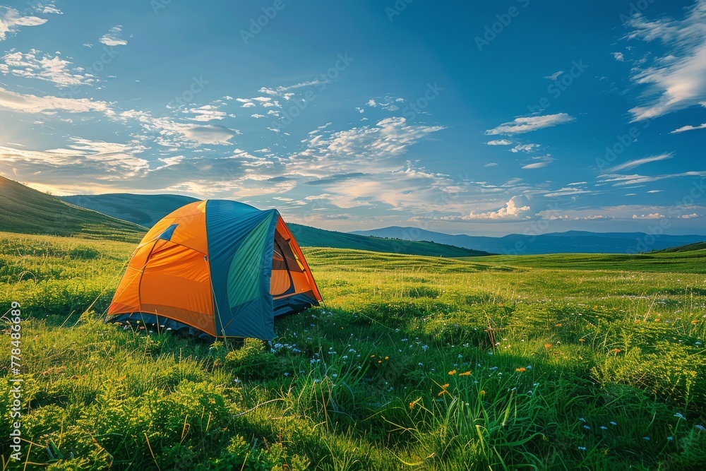 Tent in Field With Background Mountains