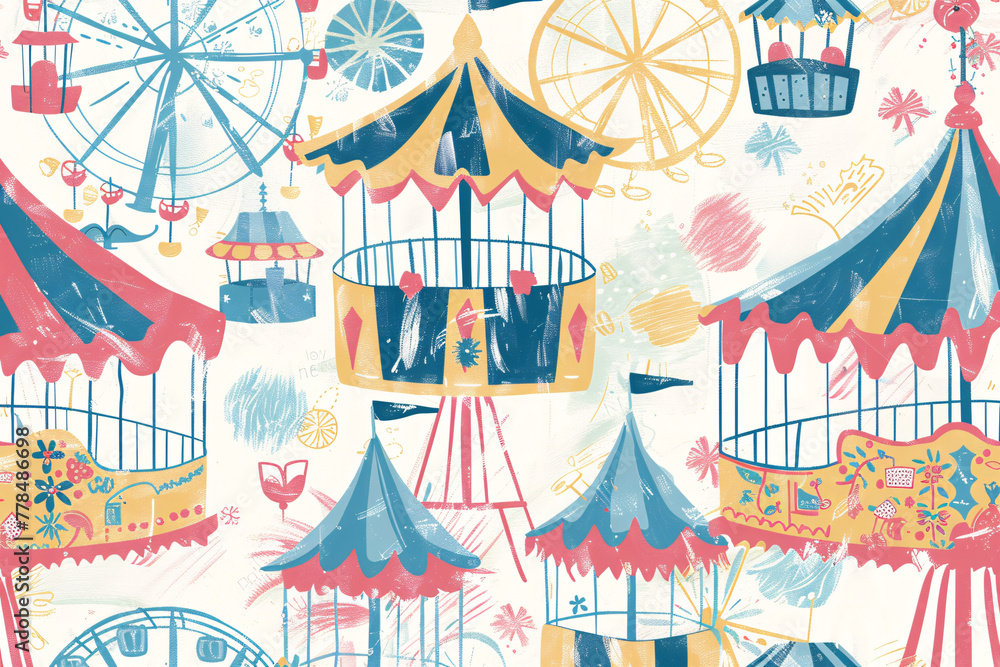 Fototapeta premium Colorful carnival pattern with ferris wheels and tents