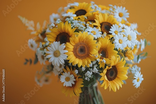 Vibrant Bouquet of Sunflowers and Other Flowers in a Vase