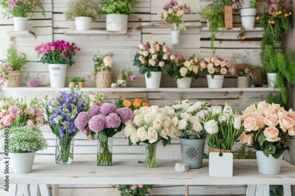 A lush display of assorted roses in various shades of pink, peach, and white, artfully arranged in vases at a bright flower market..