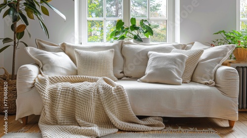 A Modern Living Room With a White Couch and Abundant Plants