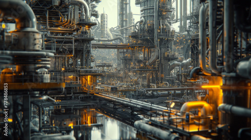 A chemical refinery with intricate piping systems, temporarily inactive but capable of producing various compounds photo