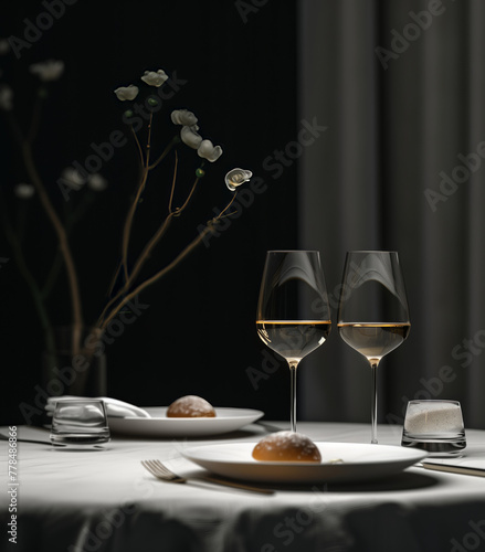A table with a plate of food and a wine glass on it (ID: 778486866)